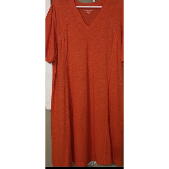 EILEEN FISHER Dress 1X Orange Hemp Organic Cotton Jersey V-Neck Short Sleeve - Picture 2 of 11